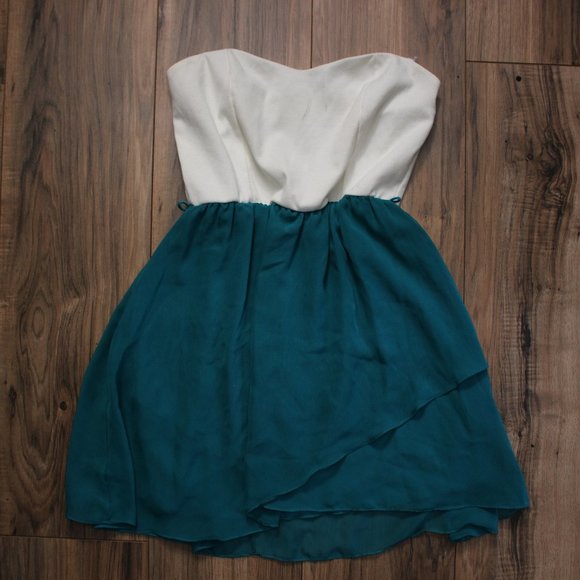 Deb VTG Strapless White and Green/Teal Dress S - Picture 1 of 5